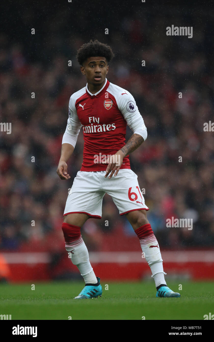 Londra, Regno Unito. 8 apr, 2018. Reiss Nelson (A) all'Arsenal v Southampton English Premier League, presso l'Emirates Stadium di Londra il 8 aprile 2018. * * Questa foto è per il solo uso editoriale** Credito: Paolo Marriott/Alamy Live News Foto Stock