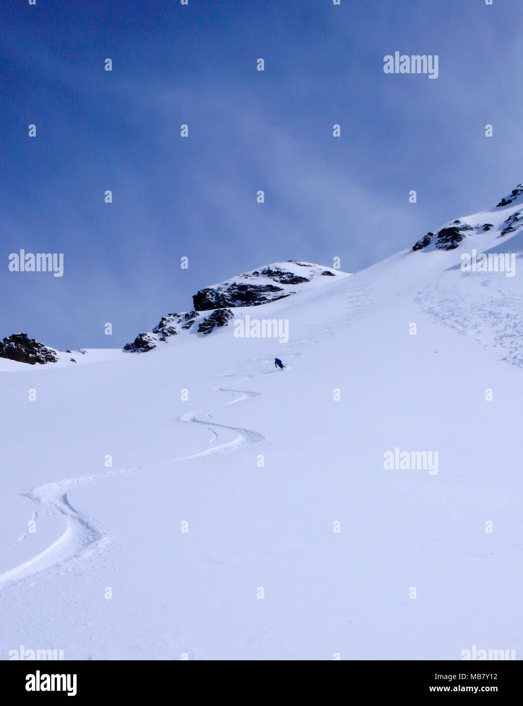 Sciatore maschio e nuove tracce in polvere intatta la neve nel backcountry delle alpi svizzere Foto Stock