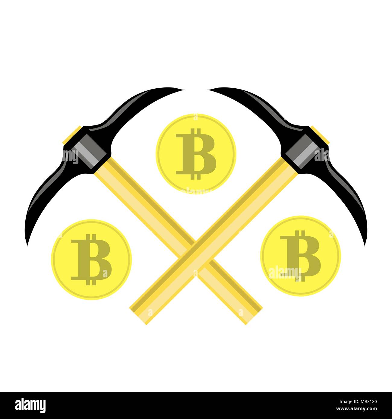 Golden Bitcoin Icona. Valuta Crypto Mining con monete e picconi Illustrazione Vettoriale