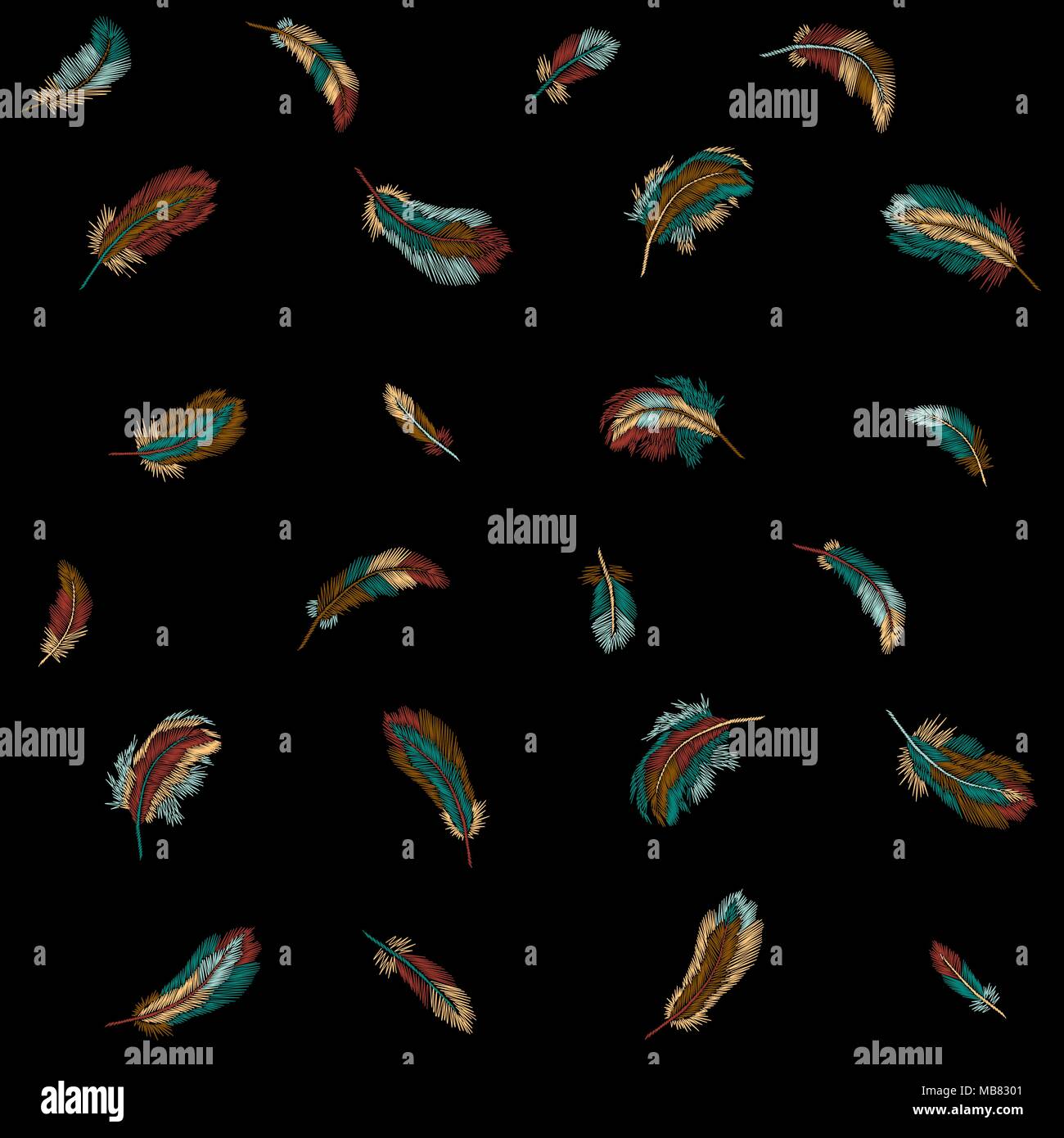 Piume colorate ricamo seamless pattern. Boho abiti tribali uccello indiano classico sfondo ricamato. Modello di moda design illustrazione vettoriale Illustrazione Vettoriale