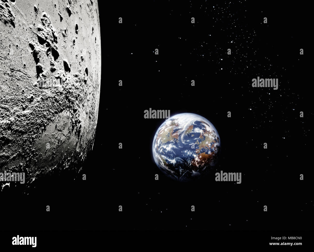 Il pianeta terra dallo spazio con la superficie della luna in primo piano, America del Nord ed Europa visibile Foto Stock