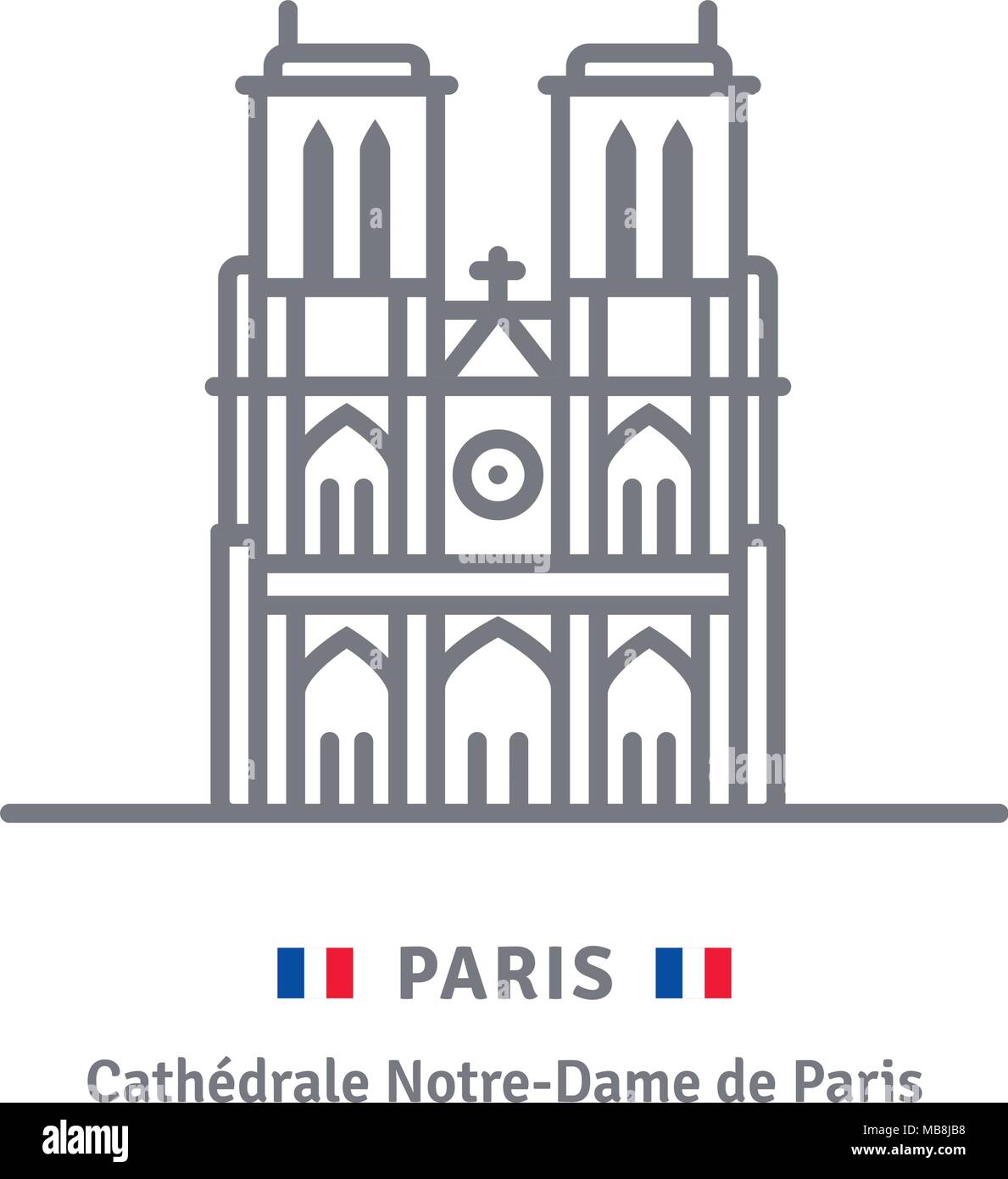 Parigi icona linea. La cattedrale di Notre Dame e il vettore di flag illustrazione. Illustrazione Vettoriale