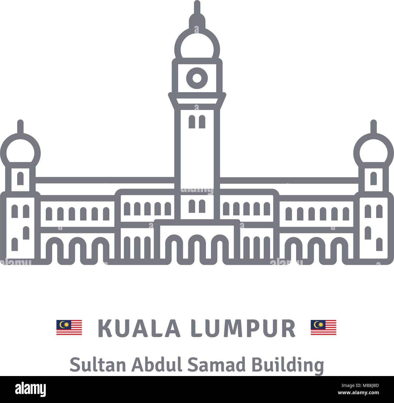 Malaysia icona linea. Palazzo Sultano Abdul Samad a Kuala Lumpur e bandiera malese illustrazione vettoriale. Illustrazione Vettoriale