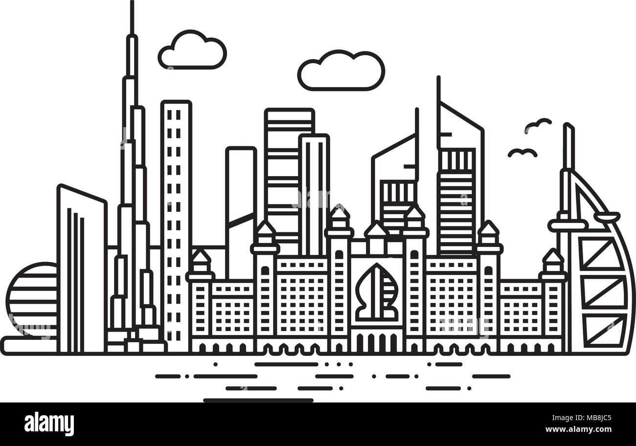 Icona linea style Dubai cityscape illustrazione vettoriale Illustrazione Vettoriale