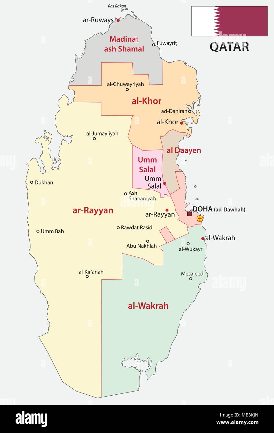 Il Qatar politica e amministrativa di mappa con bandiera Illustrazione Vettoriale