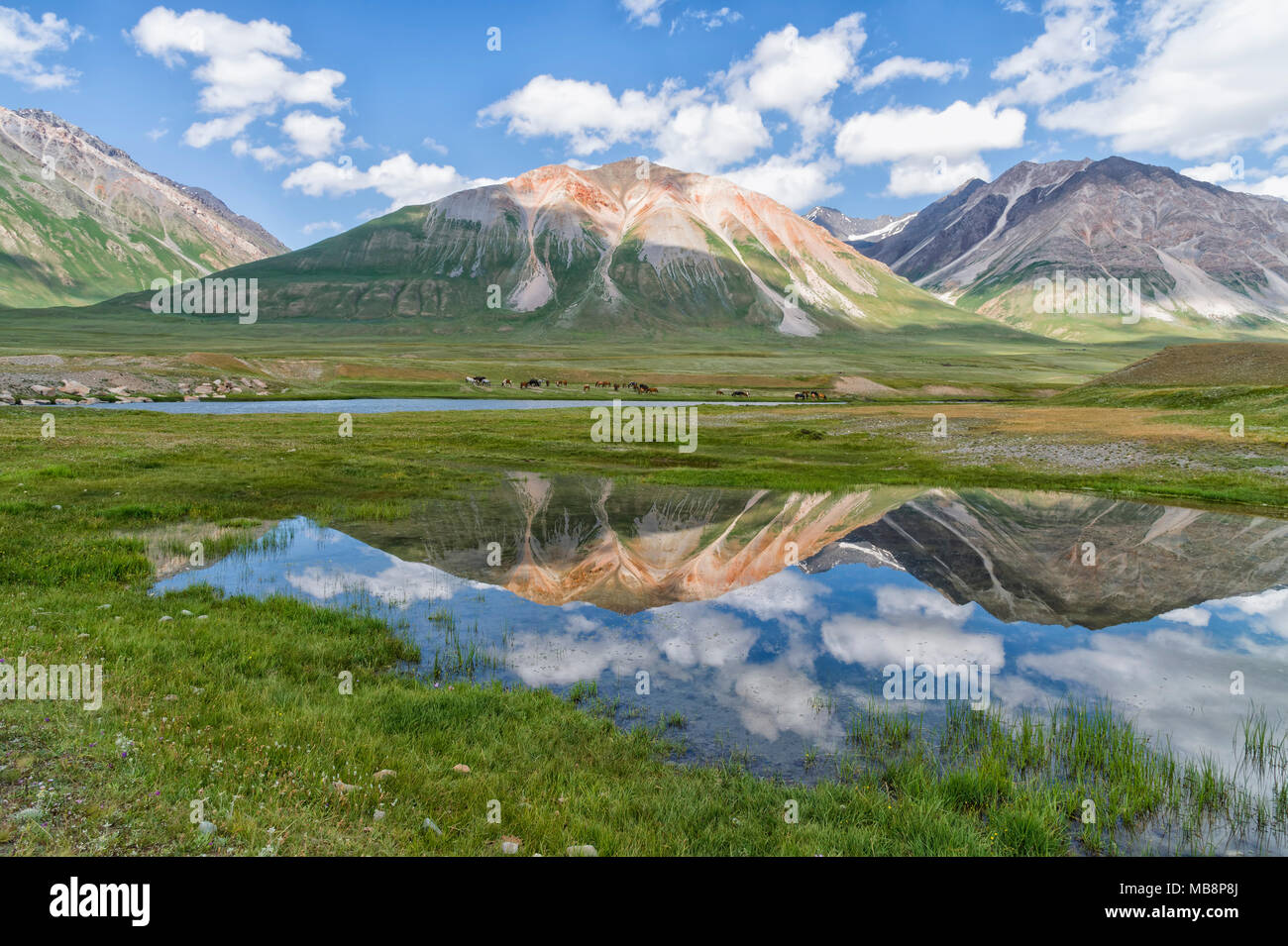 Montagne che si riflettono nell'acqua, Naryn gorge, regione di Naryn, Kirghizistan Foto Stock