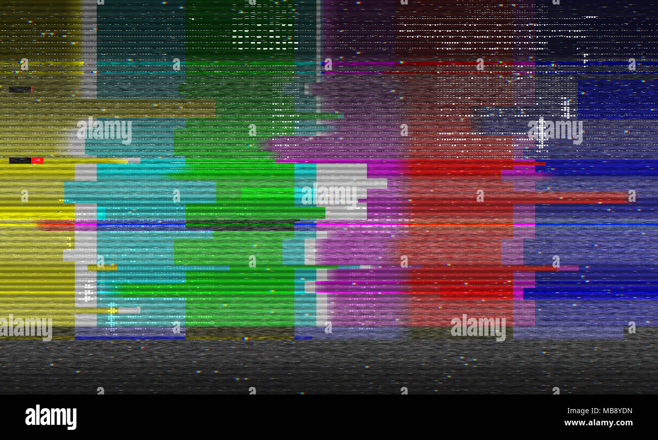 Illustrazione astratta di distorto prova tv color bars. Effetto di Glitch sullo sfondo. Immagine concettuale di vhs dead pixel. Foto Stock