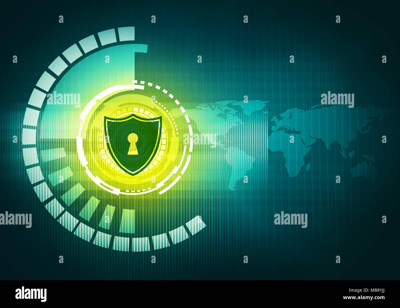 Abstract concetto digitale interfaccia touch-screen con icona dello scudo sul circuito di elemento e la mappa del mondo. Per il branding, graphic design. Foto Stock