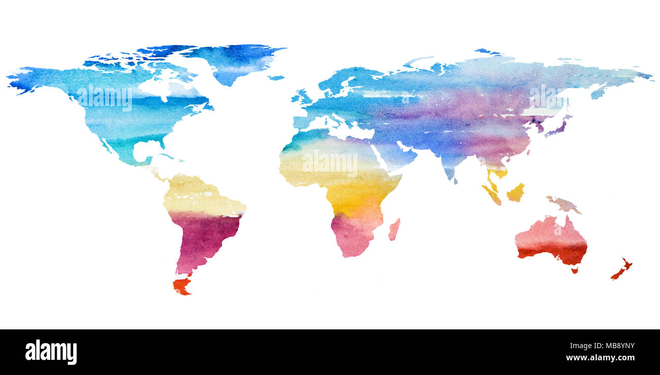 2d disegnati a mano illustrazione della mappa del mondo. Colore acquerello gradiented immagine isolata del pianeta terra. Continenti colorati. Sfondo bianco. Foto Stock