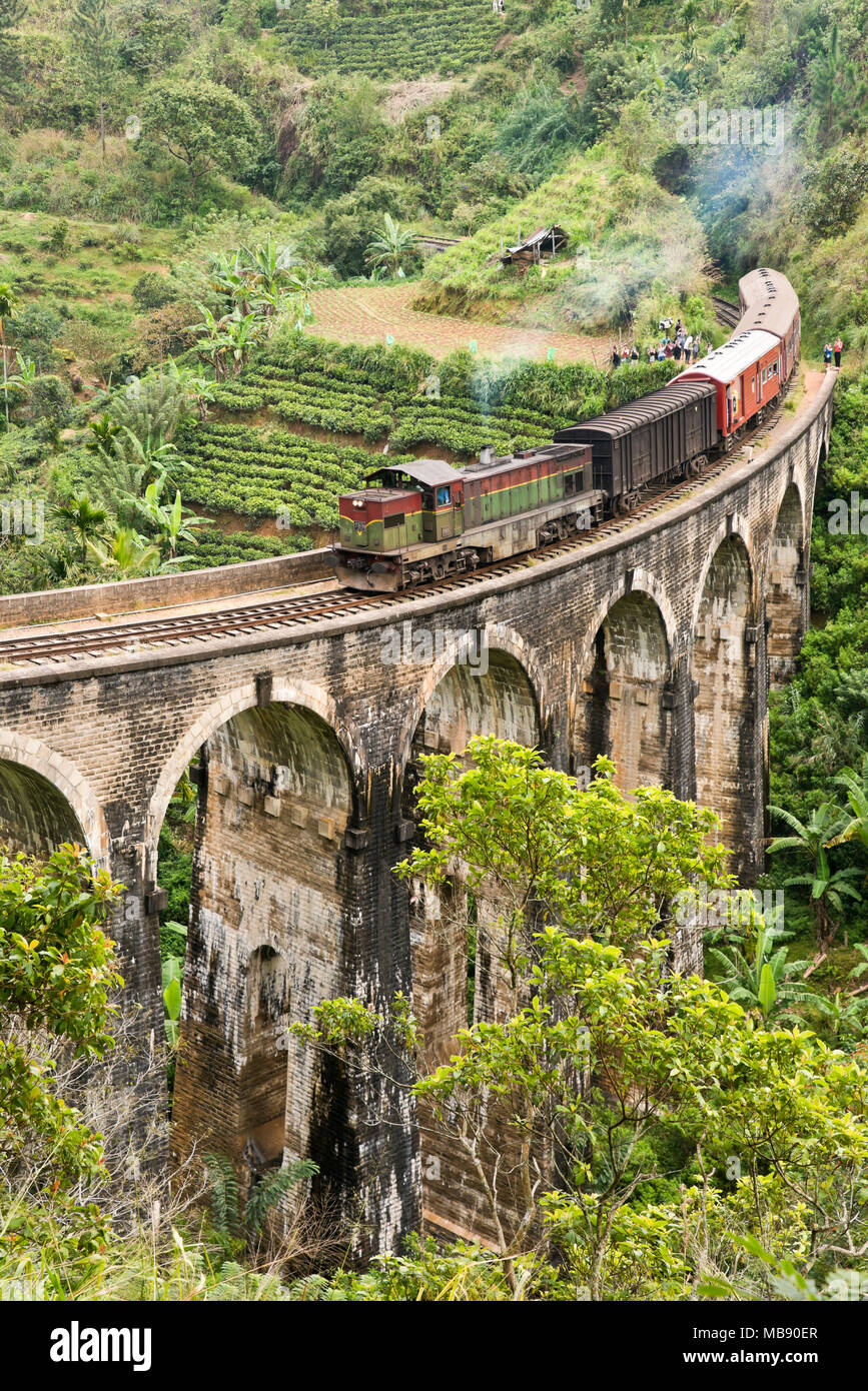 Vista verticale di un treno che attraversa il nove archi ponte in prossimità di Ella, Sri Lanka. Foto Stock