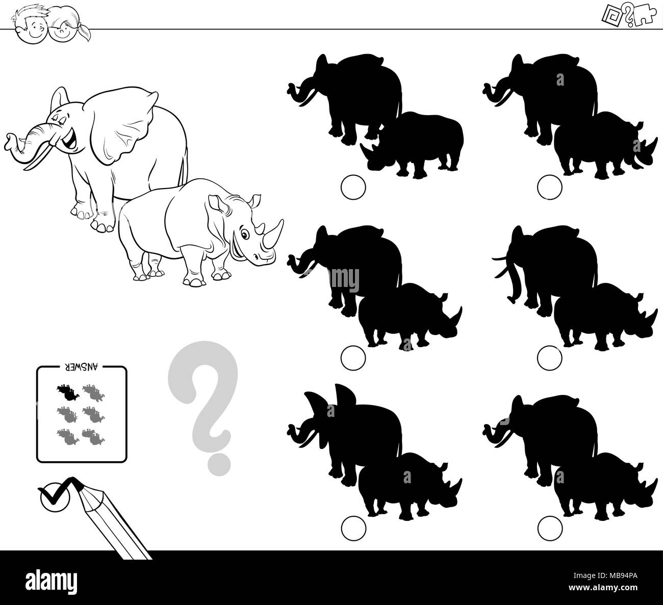 Bianco e Nero Cartoon illustrazione di trovare l'ombra senza differenze di attività educative per i bambini con elefante e rinoceronte Animal C Illustrazione Vettoriale