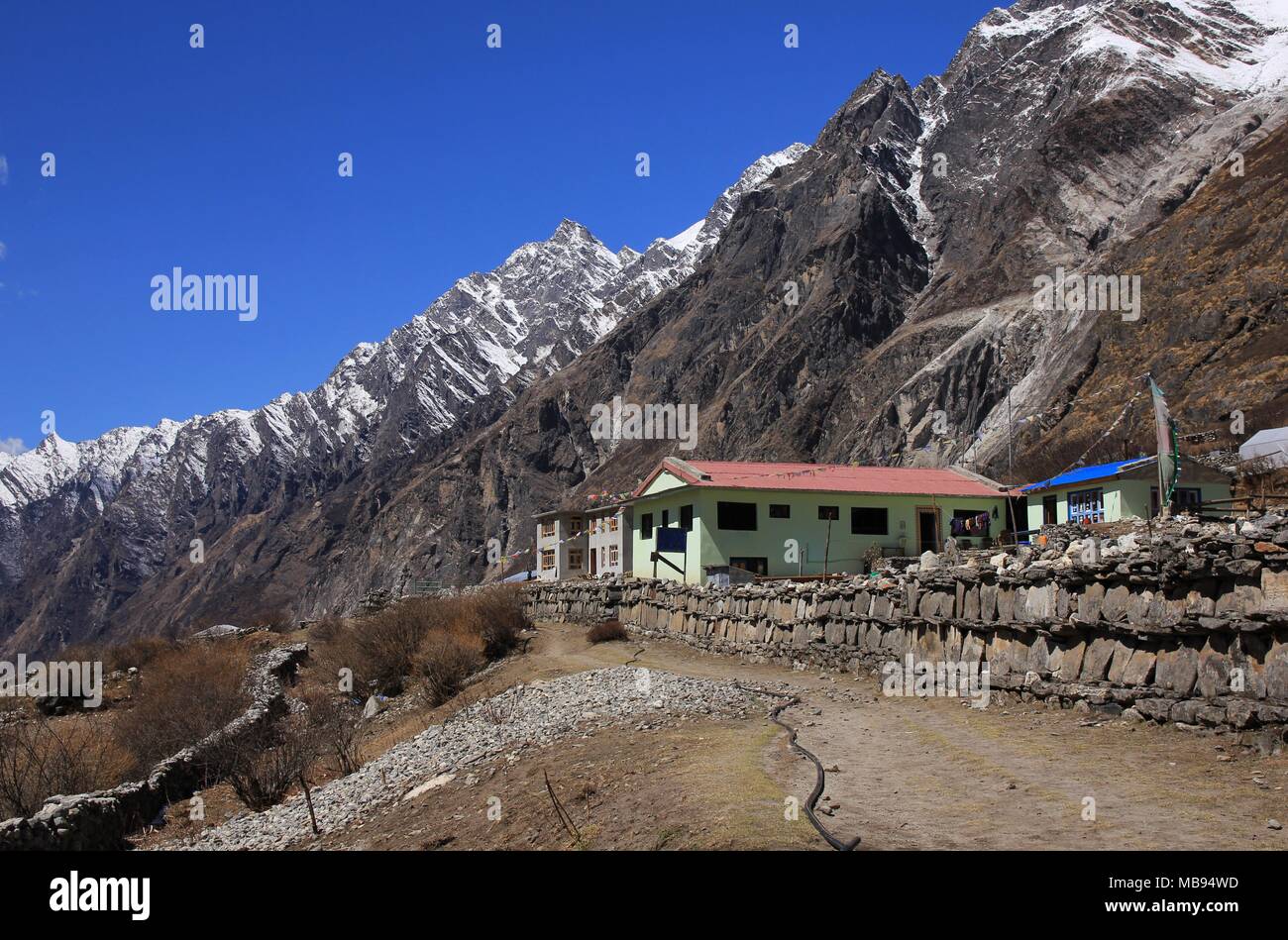 Soleggiata giornata di primavera in Himalaya. Hotel in Mundu. Vista giù per la valle di Langtang, Nepal. Soleggiata giornata di primavera in Himalaya. Foto Stock