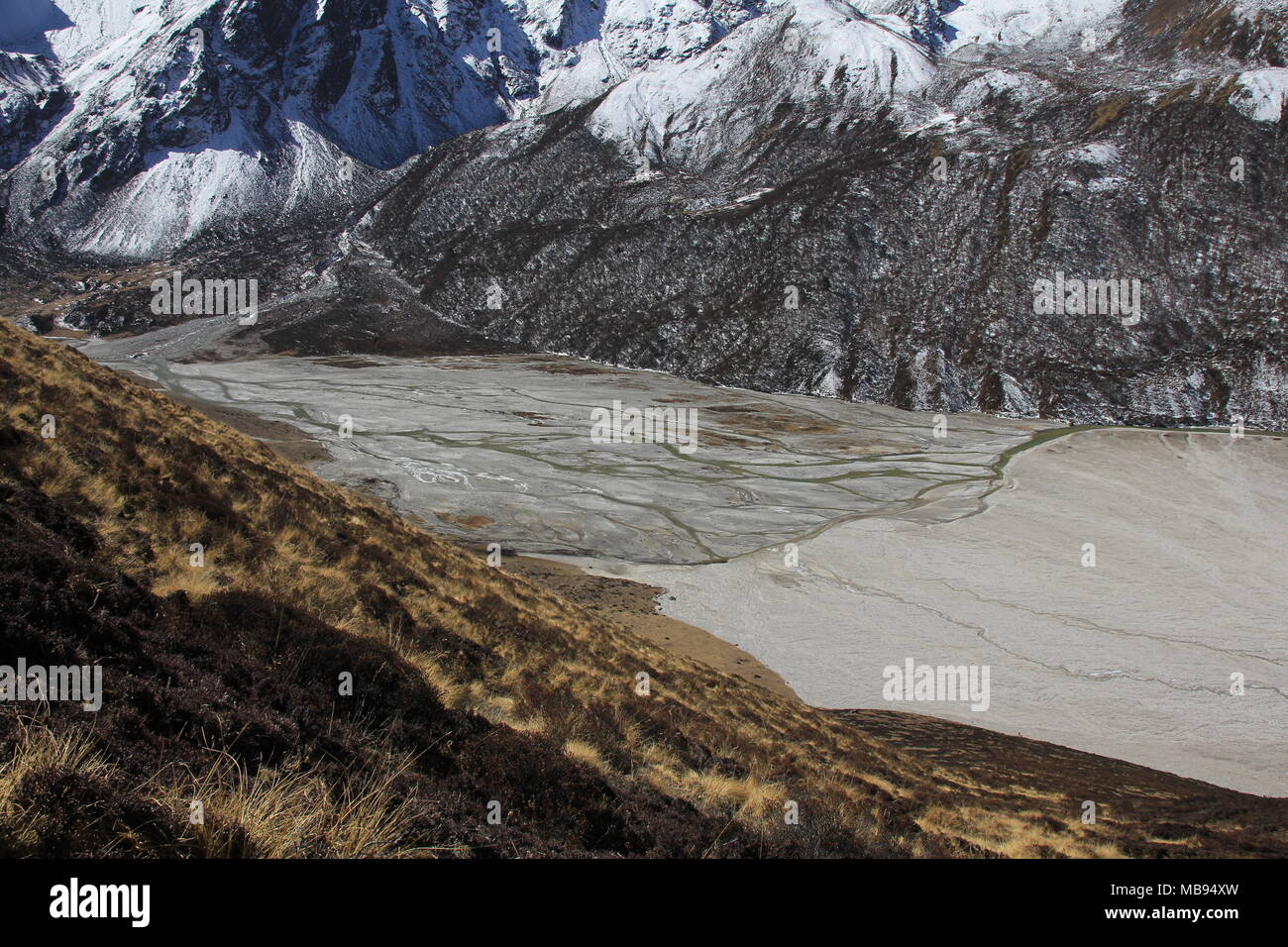 Langtang Khola, fiume in Nepal. Scena vicino a Kyangjin Gumba. Foto Stock
