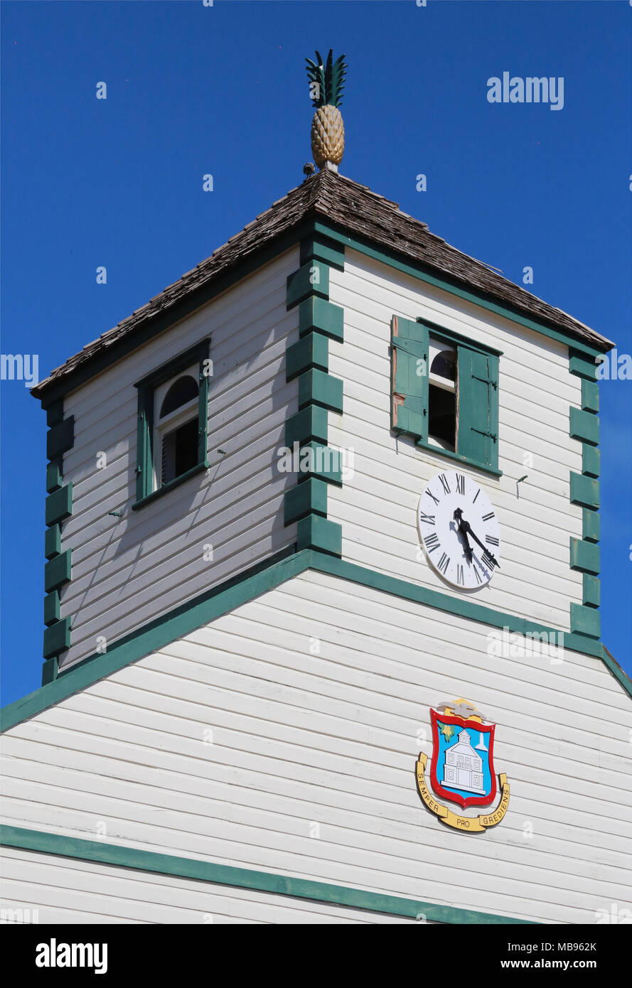 Dettaglio della torre dell'Orologio, storico Sint Maaten Courthouse, Philipsburg, San Martino, Piccole Antille, dei Caraibi Foto Stock