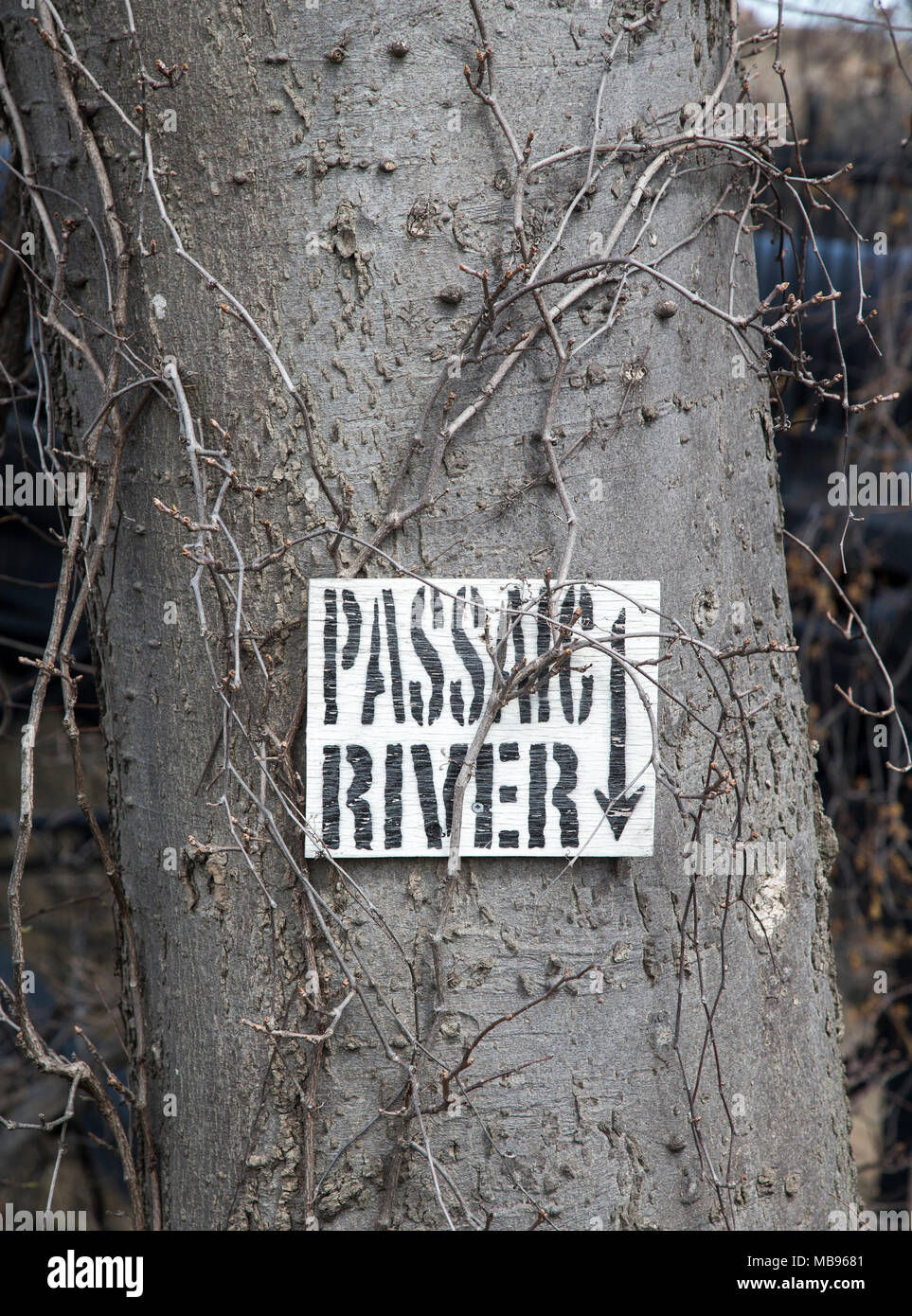 Un segno vicino al fiume Passaic nel New Jersey Foto Stock