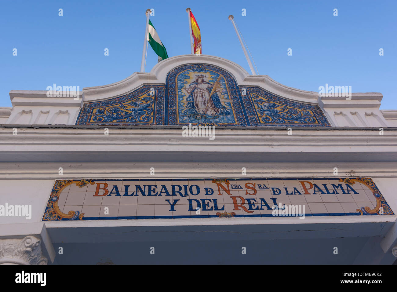 Piastrelle di ingresso della struttura Balneario de Nuestra Señora de la Palma y del Real, Cadice, Andalusia, Spagna Foto Stock