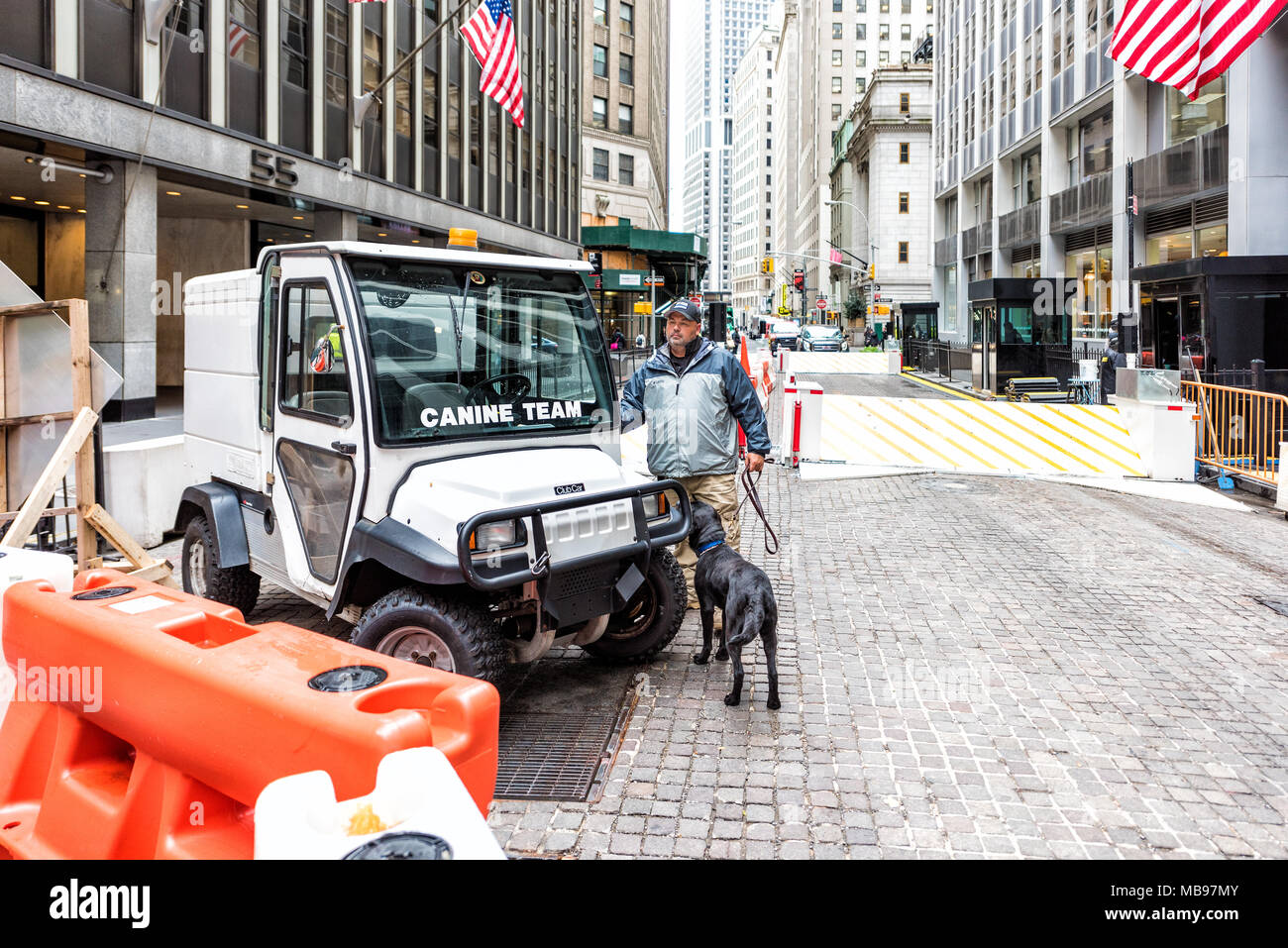 La città di New York, Stati Uniti d'America - 30 Ottobre 2017: Nero labrador servizio a piedi del cane al guinzaglio in Manhattan NYC financil inferiore quartiere sulla Wall street ampia St, m Foto Stock