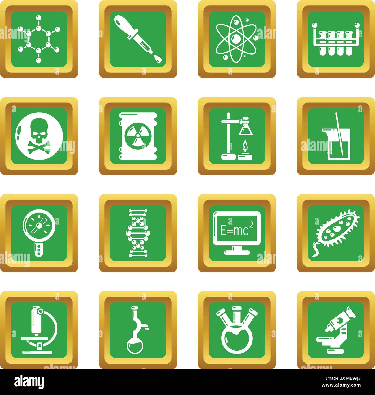 Laboratorio di chimica set di icone quadrato verde vettore Illustrazione Vettoriale