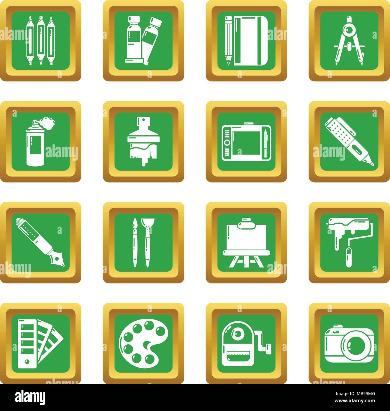 Progettazione e strumenti di disegno di set di icone quadrato verde vettore Illustrazione Vettoriale