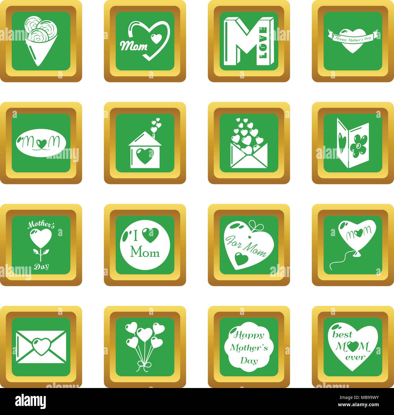 Madre giorno set di icone quadrato verde vettore Illustrazione Vettoriale