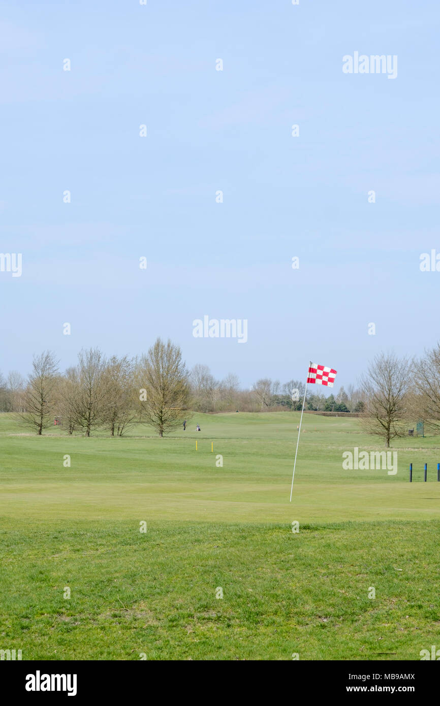 Un rosso e bianco a scacchi in campo da golf flagstick su un putting green. Foto Stock