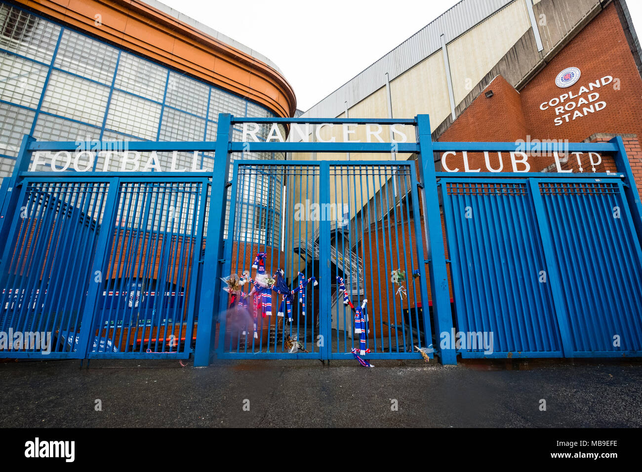 Cancelli di ingresso a Ibrox Park, Govan, casa di Glasgow Rangers Football Club di Glasgow, Scotland, Regno Unito Foto Stock