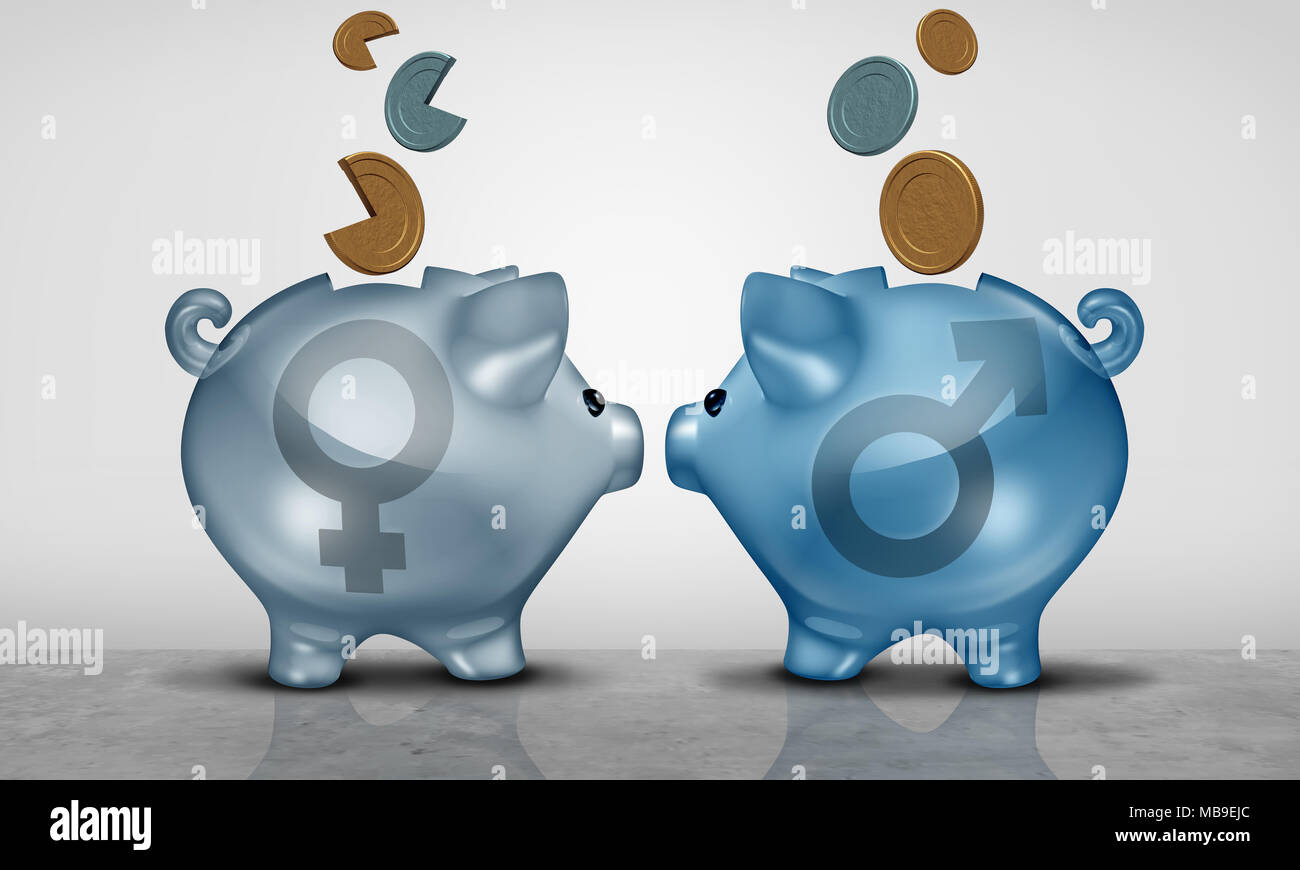 Pay equità economica e il divario fra i sessi la concezione di business come due salvadanaio oggetti con maschio e femmina che mostra il simbolo disparità salariali. Foto Stock