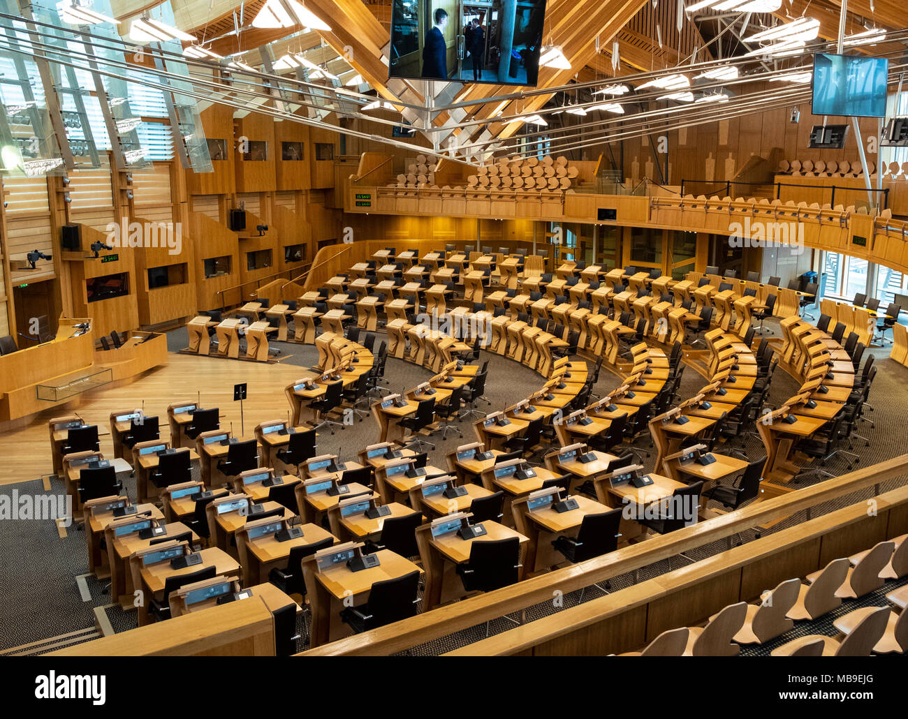Vista interna della camera di discussione al Parlamento scozzese a Holyrood, Edimburgo, Scozia, Regno Unito Foto Stock