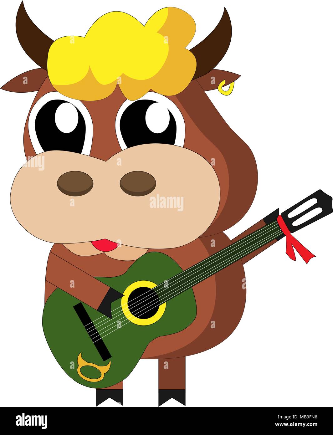Funny little bull con una chitarra verde. Oroscopo. Taurus Zodiac cantare. Illustrazione Vettoriale