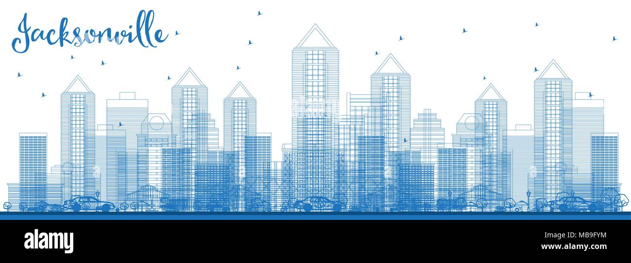 Delineare Jacksonville in Florida USA dello skyline della città con edifici di colore blu. Illustrazione Vettoriale. Viaggi di affari e di turismo con il concetto di architettura moderna. Illustrazione Vettoriale
