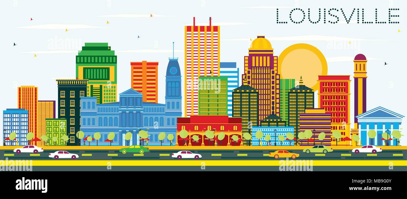 Louisville Kentucky USA dello skyline della città con edifici di colore e cielo blu. Illustrazione Vettoriale. Viaggi di affari e turismo Concept Illustrazione Vettoriale