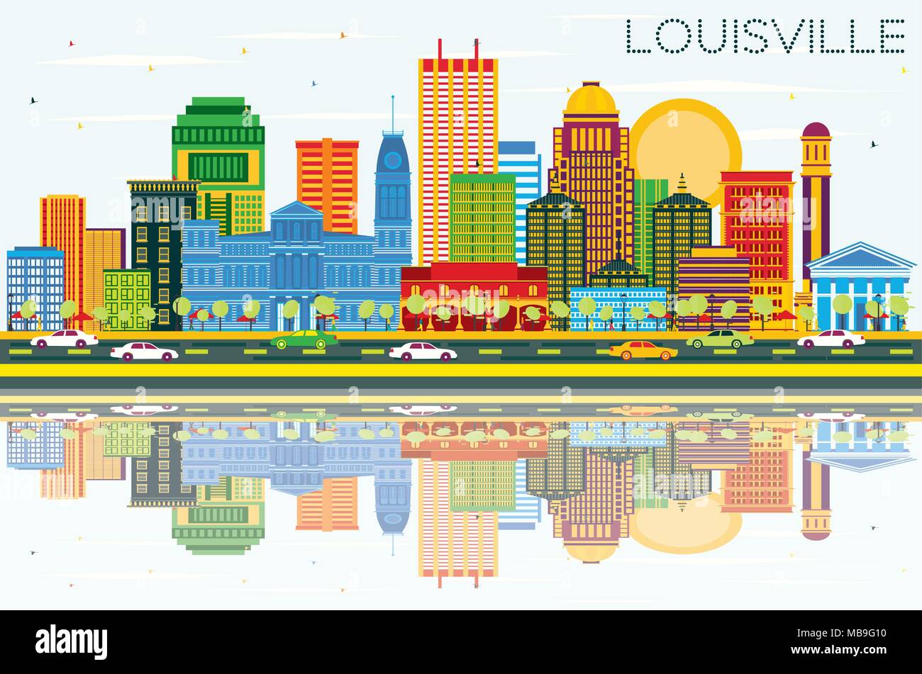 Louisville Kentucky USA dello skyline della città con edifici di colore, cielo blu e riflessi. Illustrazione Vettoriale. Viaggi di affari e turismo Concept Illustrazione Vettoriale