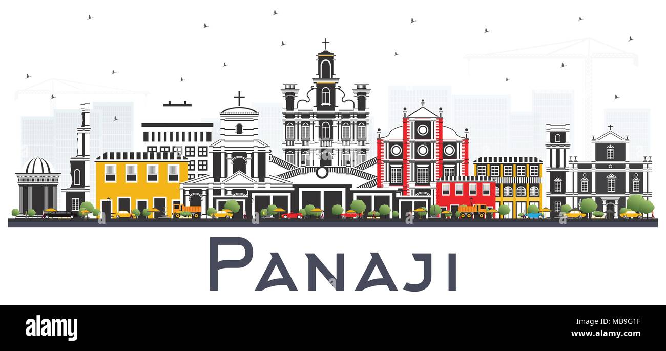 Panaji India skyline della città con edifici di colore isolato su bianco. Illustrazione Vettoriale. Viaggi di affari e di turismo con il concetto di architettura storica. Illustrazione Vettoriale
