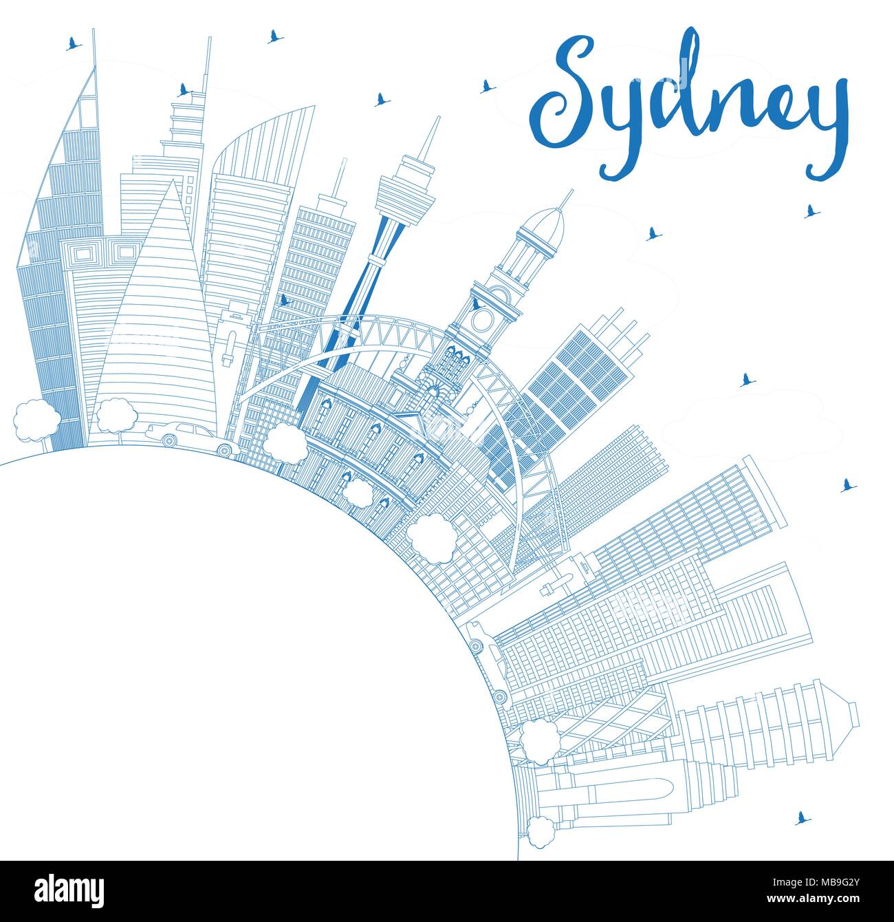 Delineare il Sydney Australia dello skyline della città con edifici blu e copia di spazio. Illustrazione Vettoriale. Viaggi di affari e turismo Concept Illustrazione Vettoriale