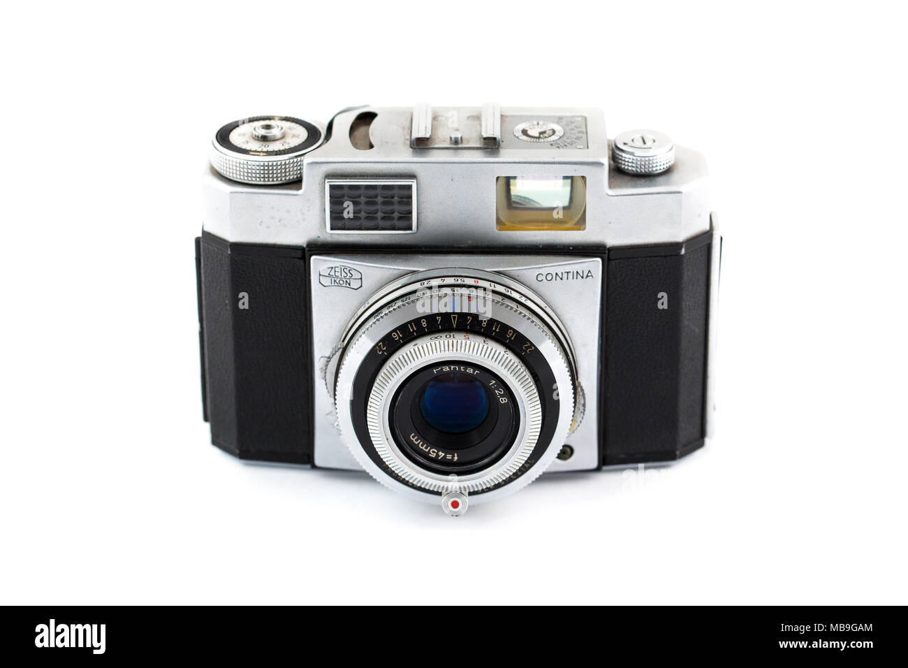 Vintage fotocamera a pellicola bianco sfondo isolato Foto Stock