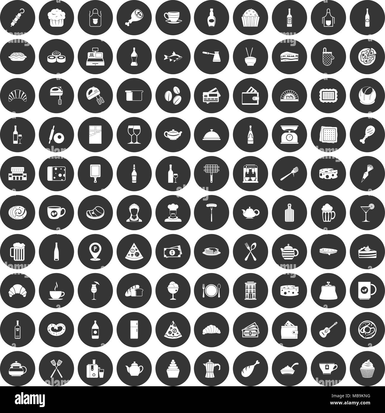 Ristorante 100 set di icone cerchio nero Illustrazione Vettoriale