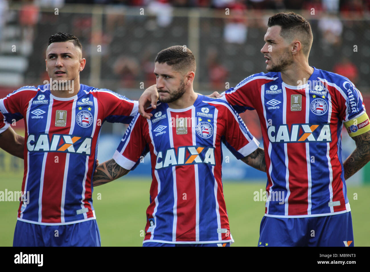 Salvador, Brasile. 08 apr, 2018. Vinicius, Zé Rafael e Tiago giocatori da Bahia durante il Bahia v Vitória, tenutasi questa Domenica (08) in una partita valida per il 2018 Bahia finale di campionato. A Manoel Barradas Stadium (Barradão) in Salvador, BA. Credito: Tiago Caldas/FotoArena/Alamy Live News Foto Stock