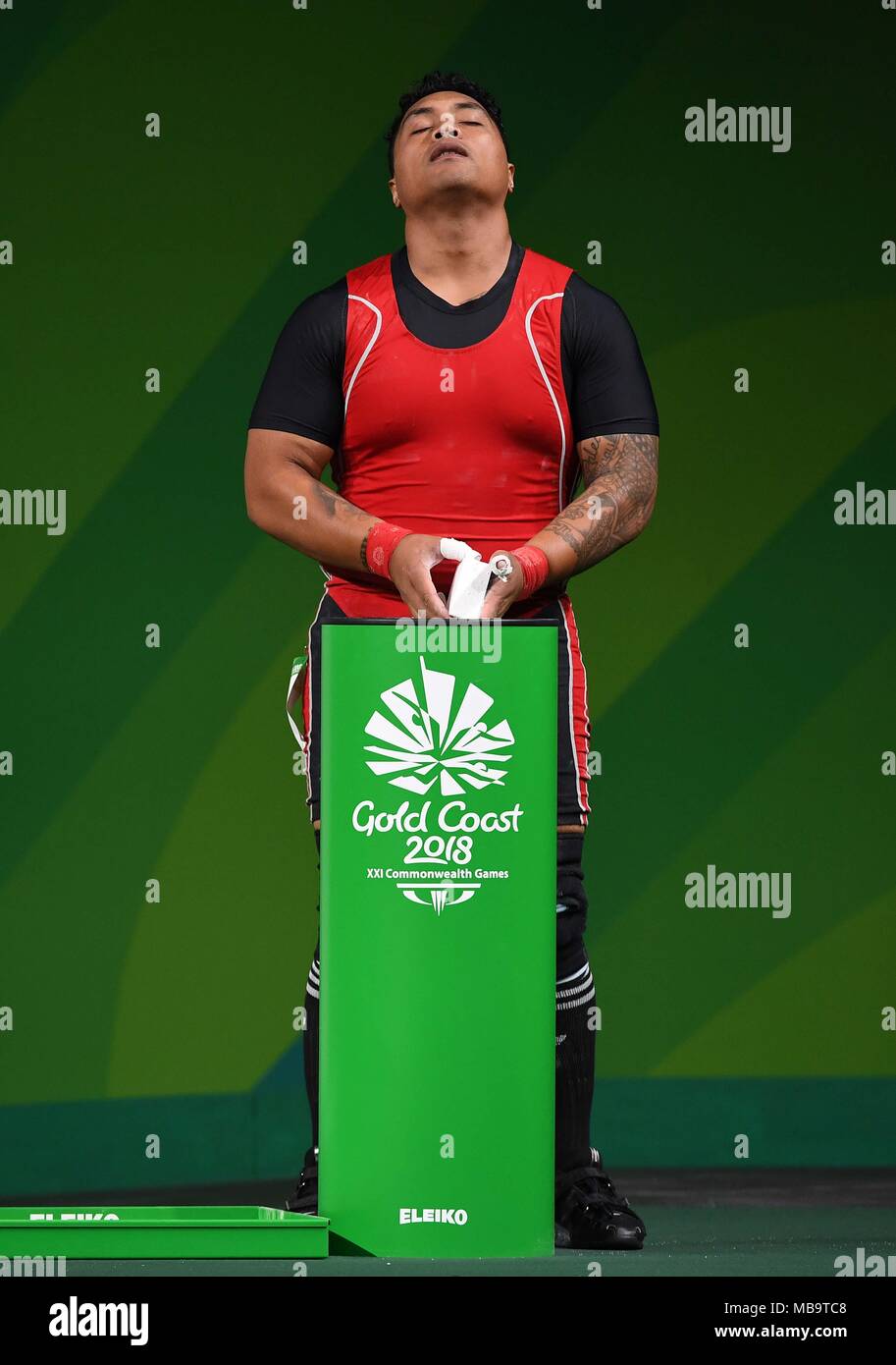 Queensland, Australia. 9 apr, 2018. Sateki Landi (TGA). Mens 105kg. Sollevamento pesi. XXI Giochi del Commonwealth.Optus il centro acquatico. Costa d'Oro 2018. Queensland. Australia. 08/04/2018. Credito: Sport In immagini/Alamy Live News Foto Stock