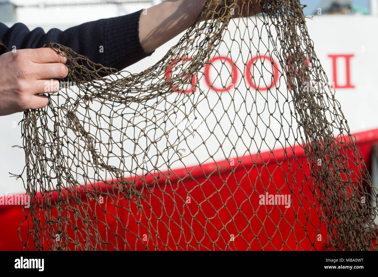 08 aprile 2018, Germania, Sassnitz: Gabriele Dederer del WWF (World Wildlife Fund) Germania detiene un cosiddetto ghost net. Scansione laterale la tecnologia sonar ha già dimostrato di essere un metodo efficace per trovare reti fantasma al largo di noi. Il 'Marelitt Baltic' progetto, supportato da pesca, gli istituti di ricerca e i gruppi ambientalisti in Svezia, Estonia, la Polonia e la Germania ha trascorso due anni a sviluppare modi per rimuovere e riciclare perso reti sintetiche dal mare. Prima di un workshop su 11 Aprile, il WWF è la prova di un metodo per trovare le reti di Ghost. Foto: Stefan Sauer/dpa Foto Stock