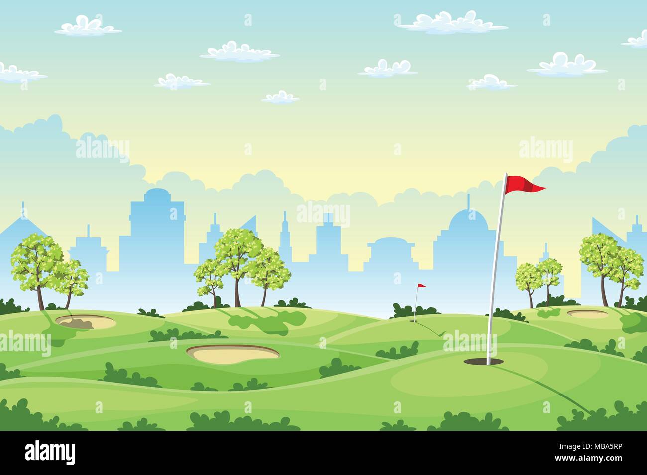 Campagna campo da golf con bandiere verdi e bunker di sabbia. Illustrazione Vettoriale