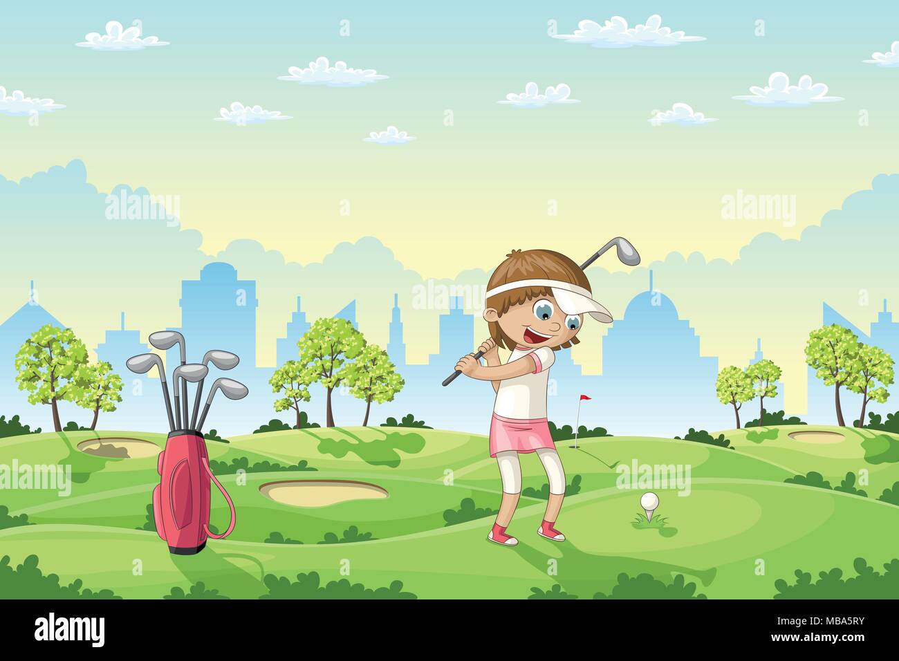 Bambina gioca a golf su un campo da golf, illustrazione vettoriale Illustrazione Vettoriale