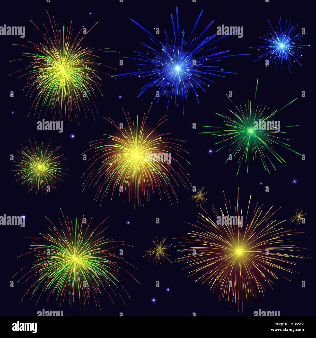 Festa multicolore vettore scintillante blu, Golden, verde, rosso set di fuochi d'artificio. Il 4 luglio il giorno di indipendenza, le vacanze di capodanno sfondo. Illustrazione Vettoriale