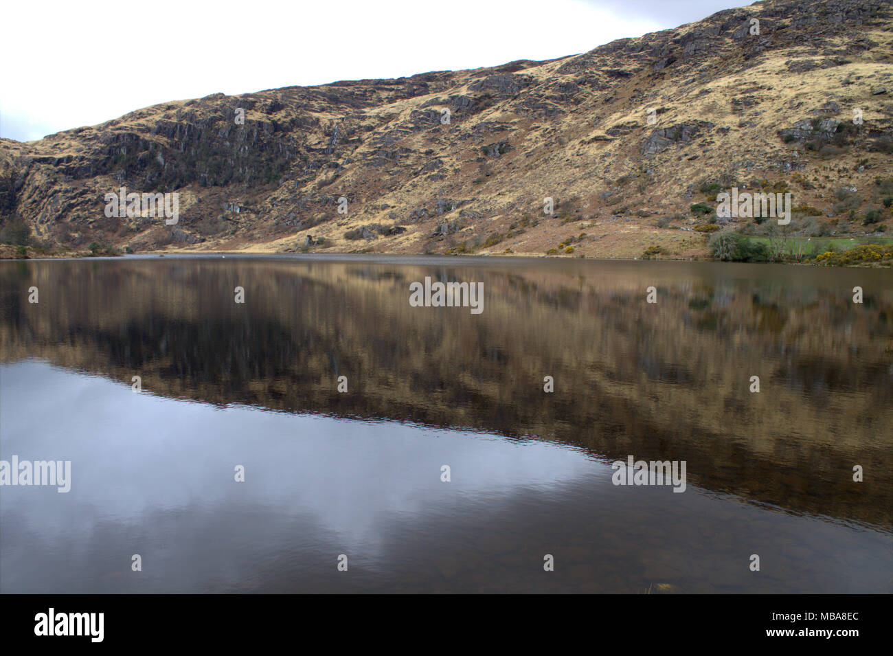 Le colline intorno al lago di Gougane Barra, Irlanda riflette nella ancora acque scure del lago. Una meta turistica molto e per vacanza destinazione. Foto Stock