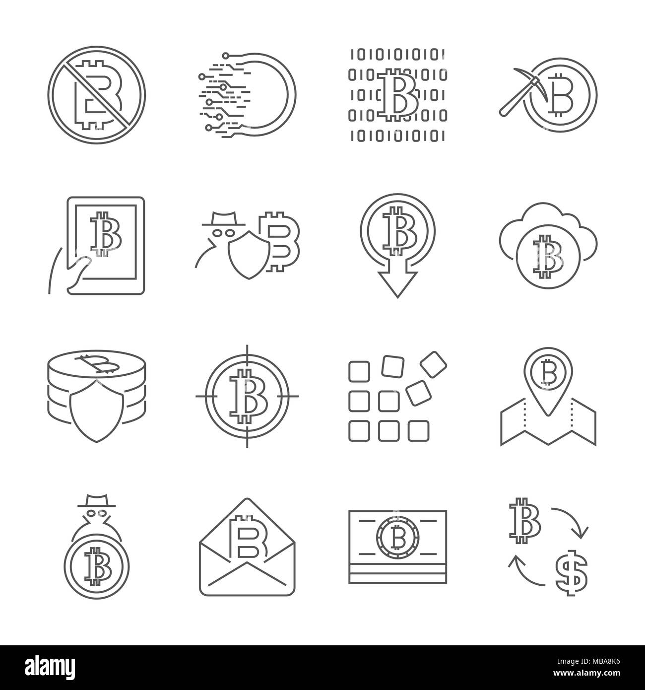Blockchain Cryptocurrency icone. Calcolatore di moderna tecnologia di rete segno set. Digital simbolo grafico di raccolta. Bitcoin mining. Concept design di elementi. Illustrazione Vettoriale