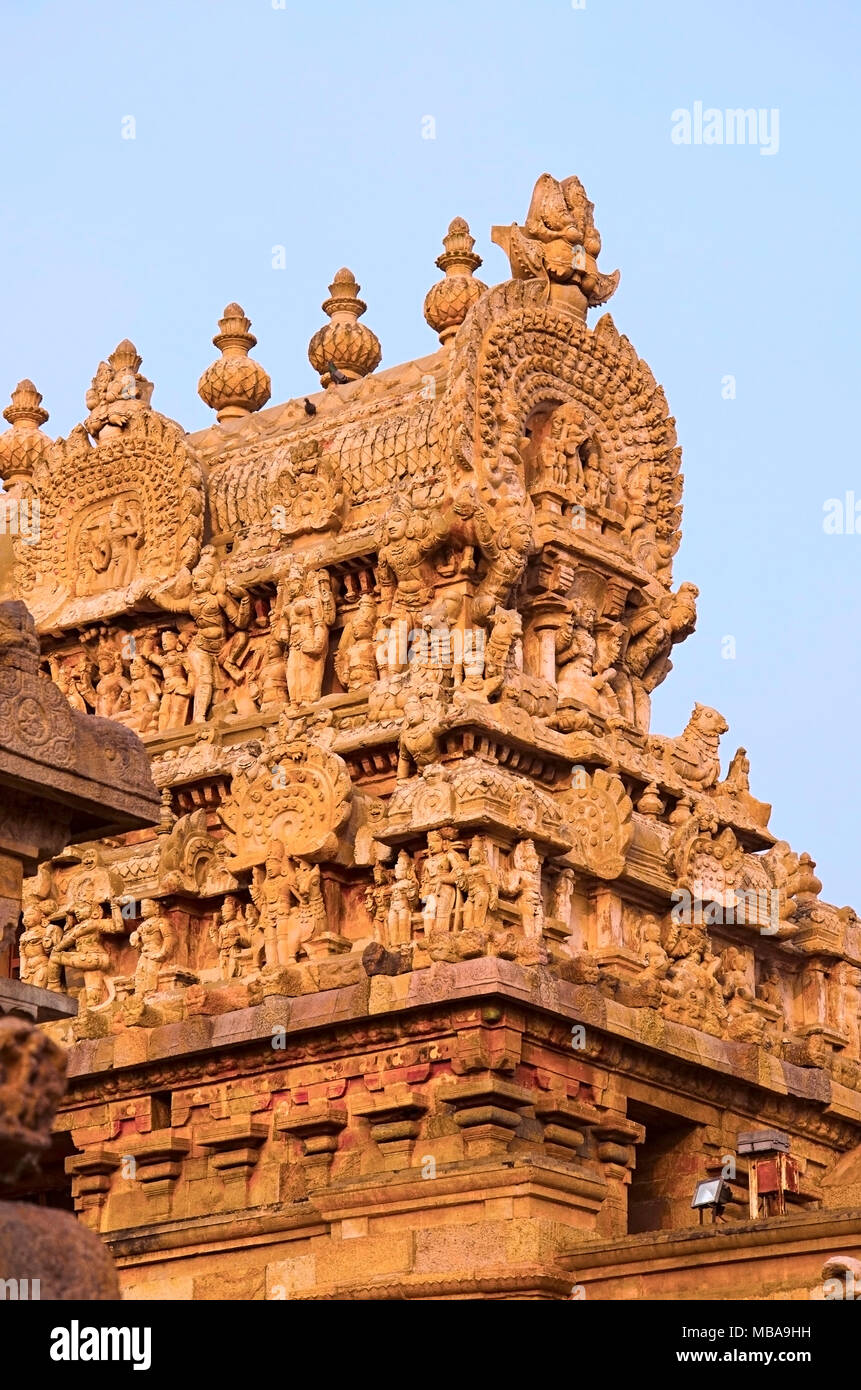 Gopuram scolpito del tempio Airavatesvara, Darasuram, nei pressi di Kumbakonam, Tamil Nadu, India. Hindu Shiva tempio del Tamil architettura, costruito da Rajaraja Cho Foto Stock