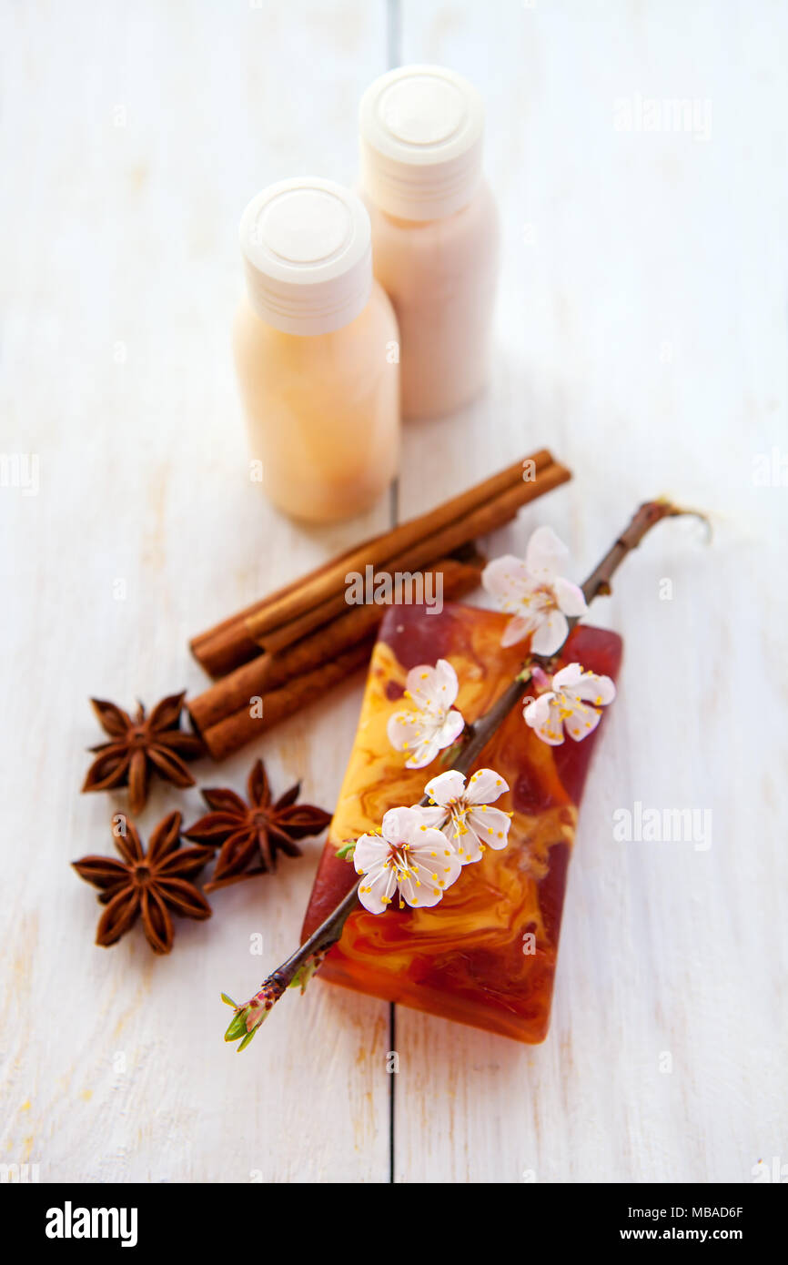 Spa e wellness impostazione con sapone naturale , Crema per il corpo con aromaterapia Foto Stock