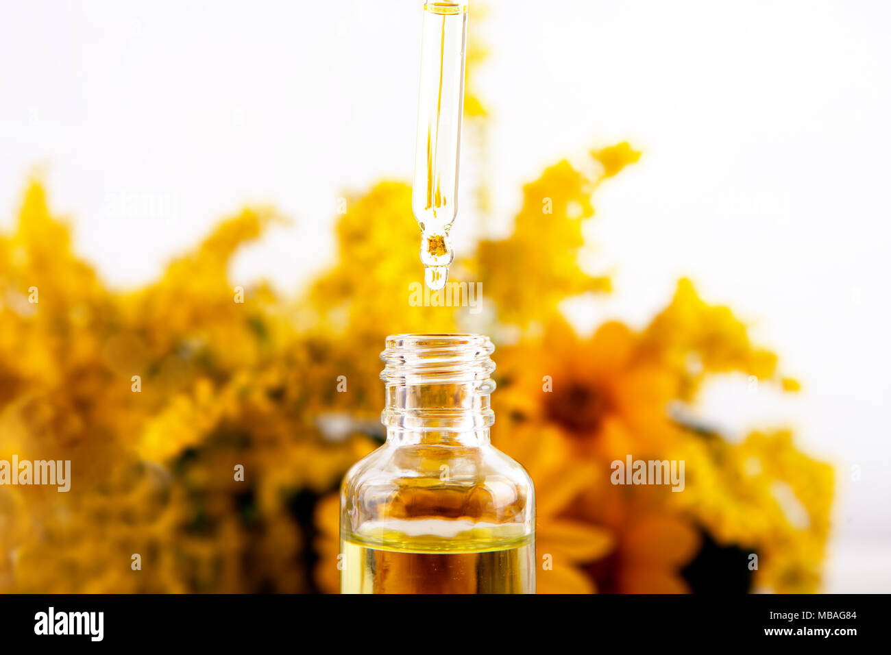 Goccia che cade da un contagocce di olio essenziale, aromaterapia essenza. Foto Stock