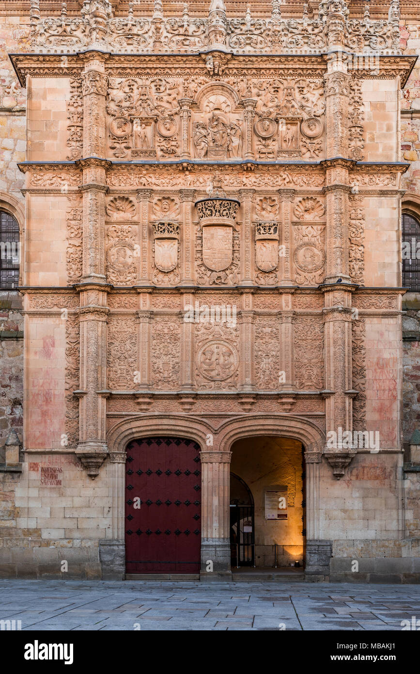 La facciata plateresque dell Università di Salamanca, la terza università più antica del mondo ancora in funzione, Salamanca Castiglia e Leon, Spagna Foto Stock