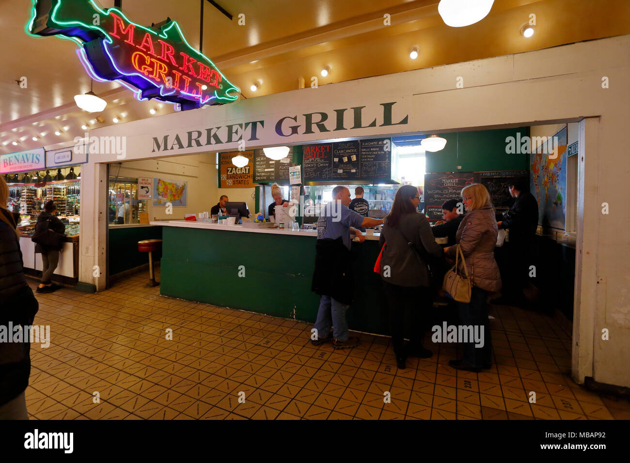 Market Grill nel Pike Place Market, Seattle, Washington. Interno. Foto Stock