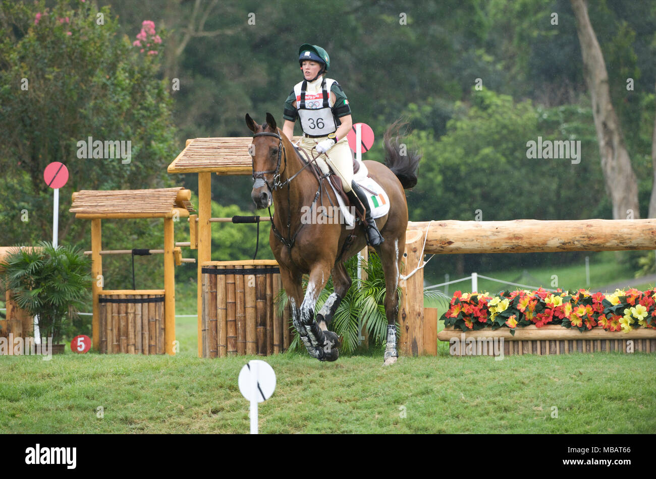 Giochi Olimpici 2008, Hong Kong (giochi di Pechino) Agosto 2008, Louise Lyons (IRE) riding Watership Down, eventing cross country Foto Stock